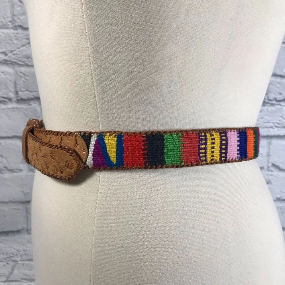 Vintage Leather Cotton Multi Color Belt Size XL Southwestern Style 2v1-84
